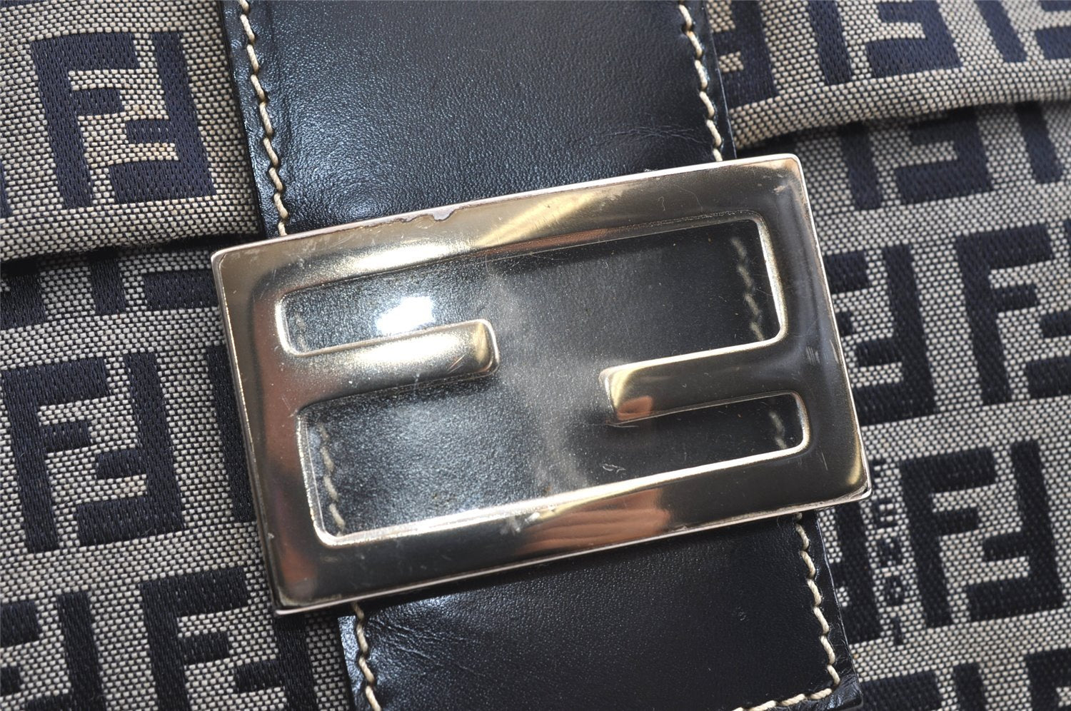 Authentic FENDI Zucchino Mamma Baguette Shoulder Bag Canvas Leather Navy 5755I