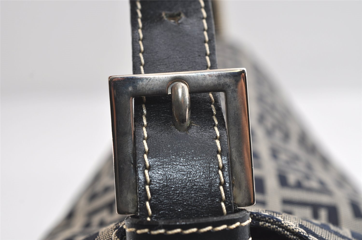 Authentic FENDI Zucchino Mamma Baguette Shoulder Bag Canvas Leather Navy 5755I