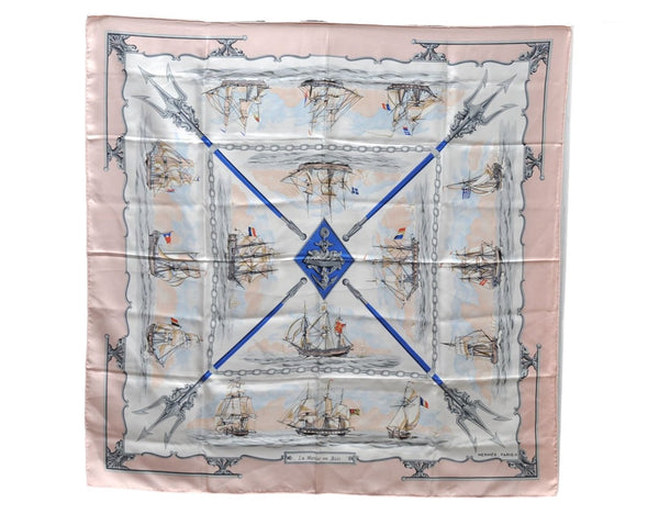 Authentic HERMES Carre 90 Scarf "La Marine en Bois" Silk Pink 5756D