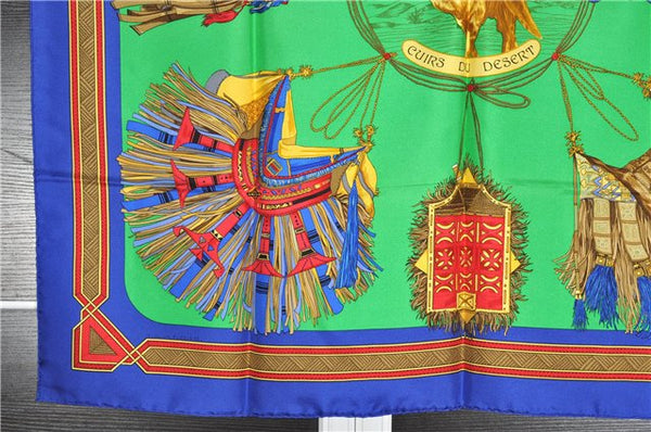 Authentic HERMES Carre 90 Scarf "CUIRS DU DESERT" Silk Blue 5756F