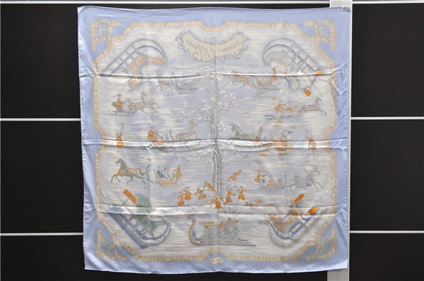 Authentic HERMES Carre 90 Scarf "Traineaux et glifsades" Silk Light Blue 5758D