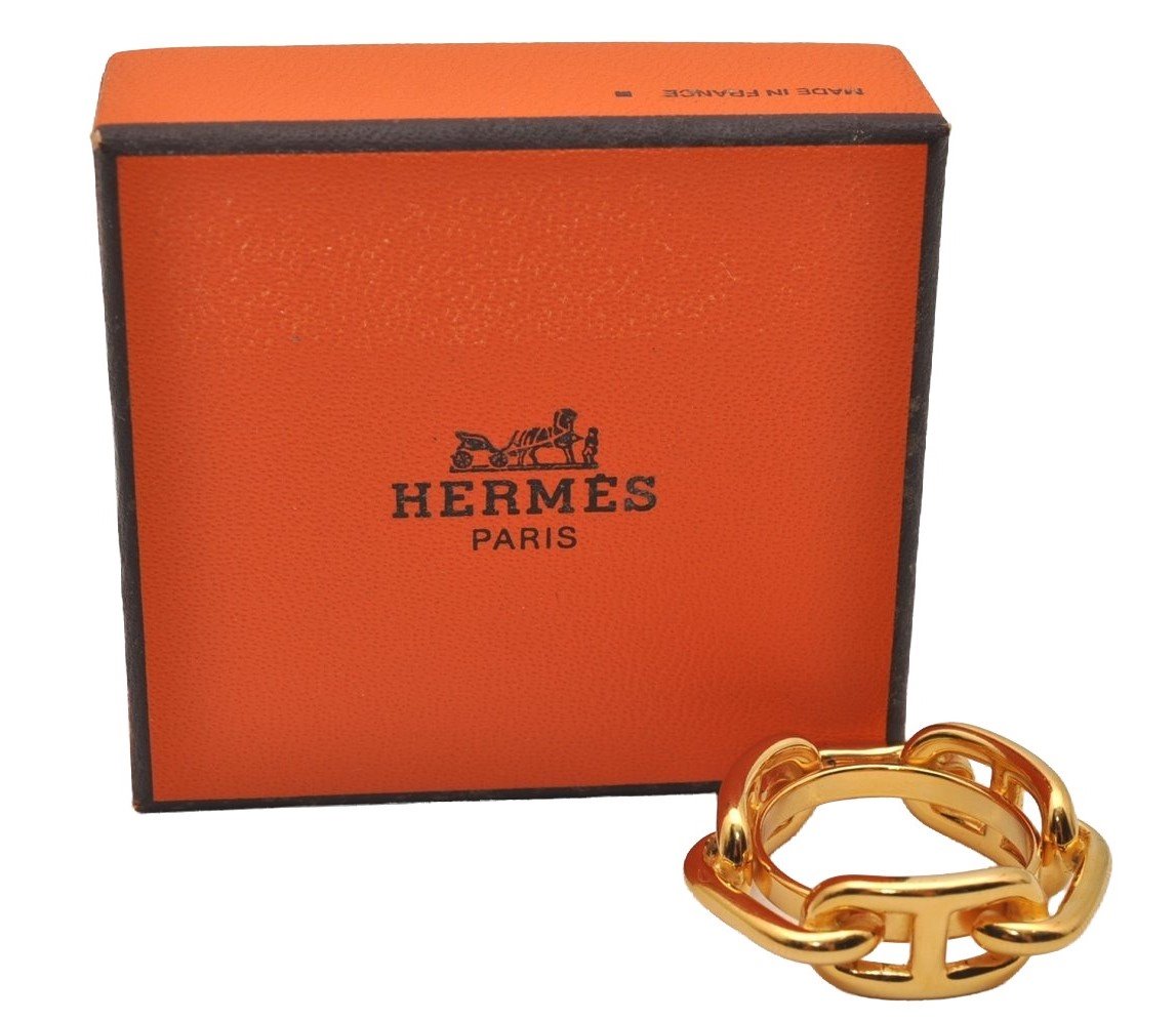 Authentic HERMES Scarf Ring Chaine d'Ancre Chain Design Gold Tone 5761I