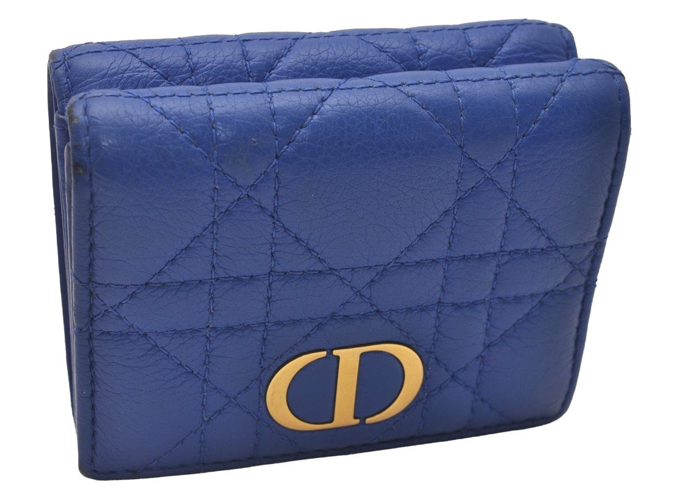 Authentic Christian Dior Cannage Leather Trifold Wallet Purse Blue CD 5763I