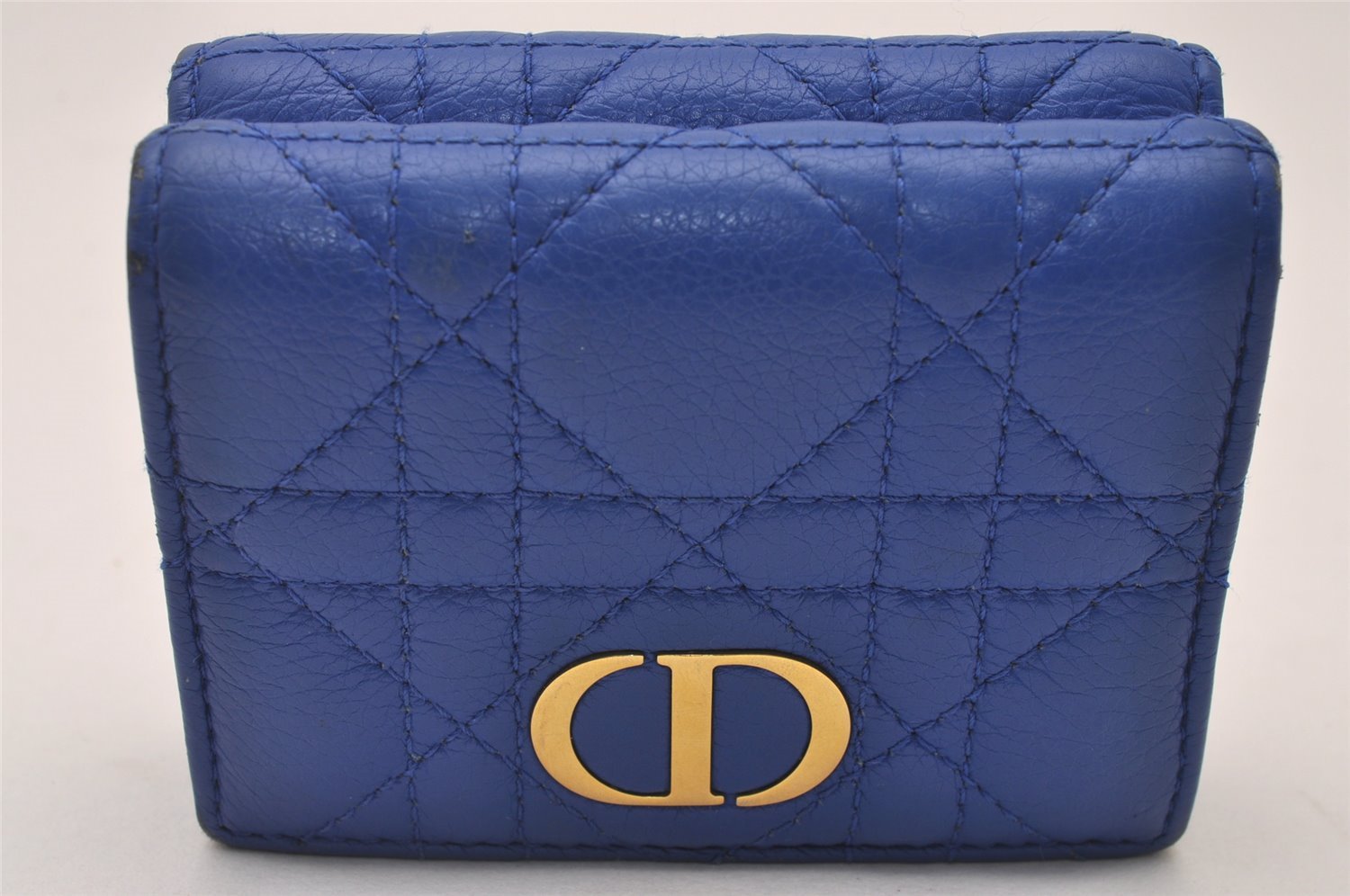 Authentic Christian Dior Cannage Leather Trifold Wallet Purse Blue CD 5763I