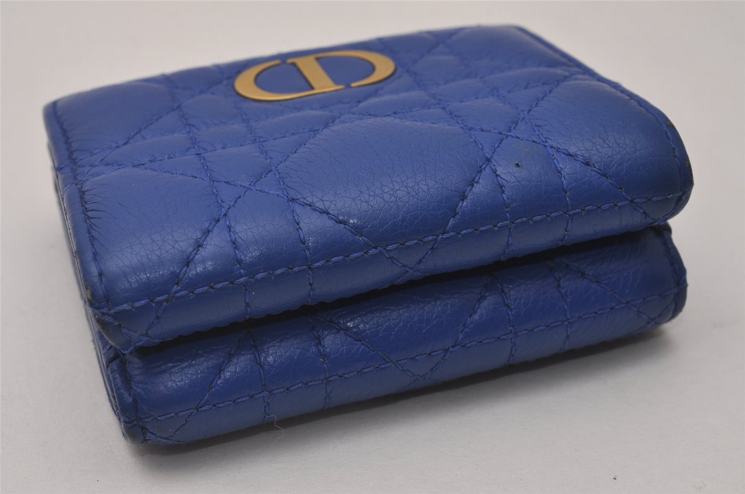 Authentic Christian Dior Cannage Leather Trifold Wallet Purse Blue CD 5763I