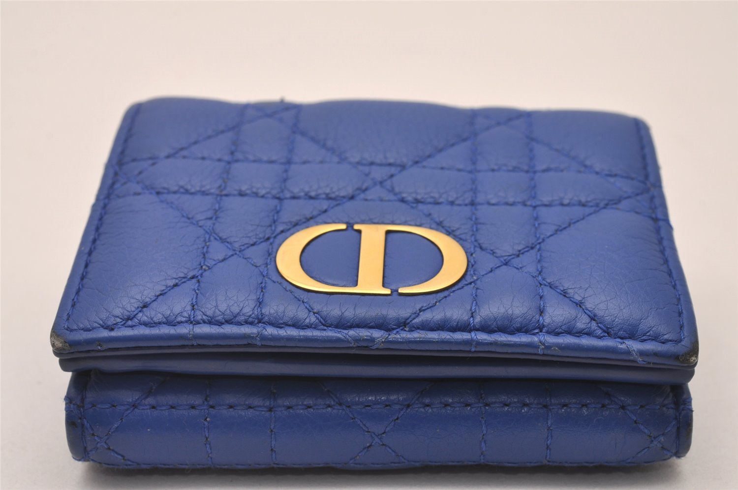 Authentic Christian Dior Cannage Leather Trifold Wallet Purse Blue CD 5763I