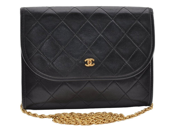 Authentic CHANEL Calf Skin Matelasse Chain Shoulder Cross Bag Black CC 5764I