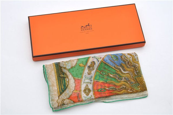 Auth HERMES Petit Carre 40 Scarf "GLORIA SOLI" Silk Mousseline Green Box 5765F