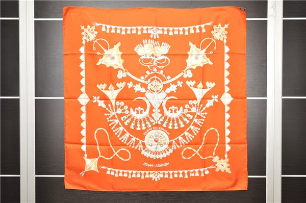 Authentic HERMES Carre 90 Scarf "PARURES DES SABLES" Silk Orange Box 5766F