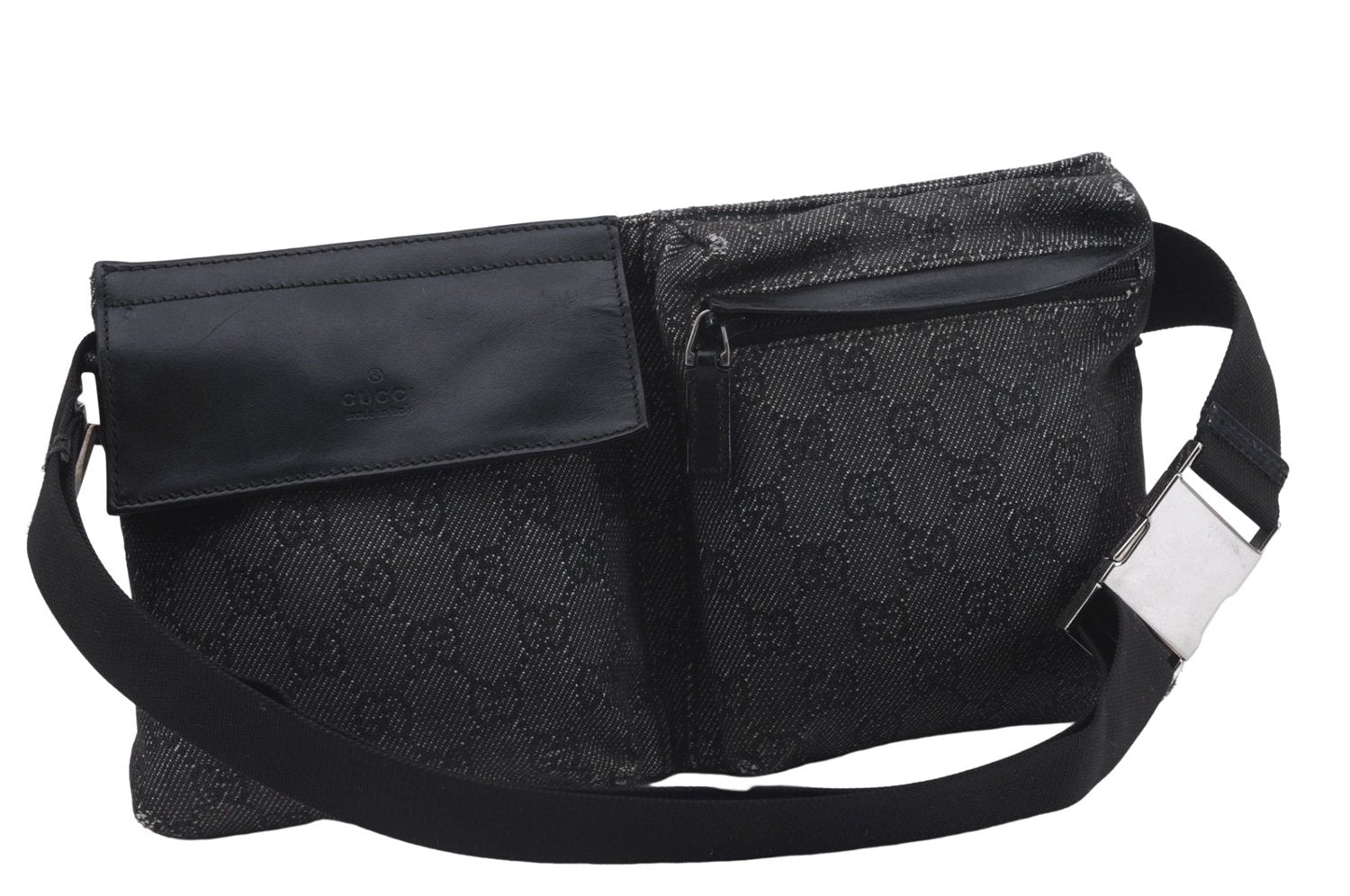 Authentic GUCCI Waist Bum Bag GG Canvas Leather 28566 Black 5768D