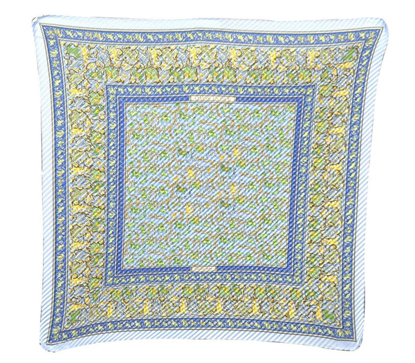 Authentic HERMES Pleats Scarf "CHASSE EN INDE" Silk Light Blue Box 5771C