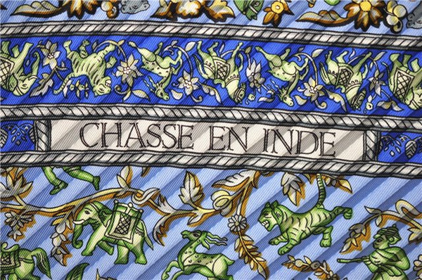 Authentic HERMES Pleats Scarf "CHASSE EN INDE" Silk Light Blue Box 5771C