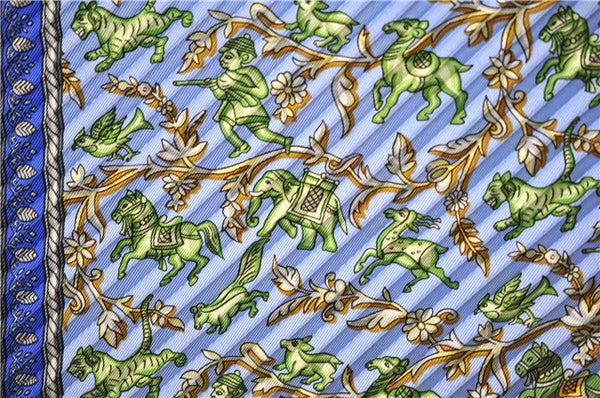 Authentic HERMES Pleats Scarf "CHASSE EN INDE" Silk Light Blue Box 5771C