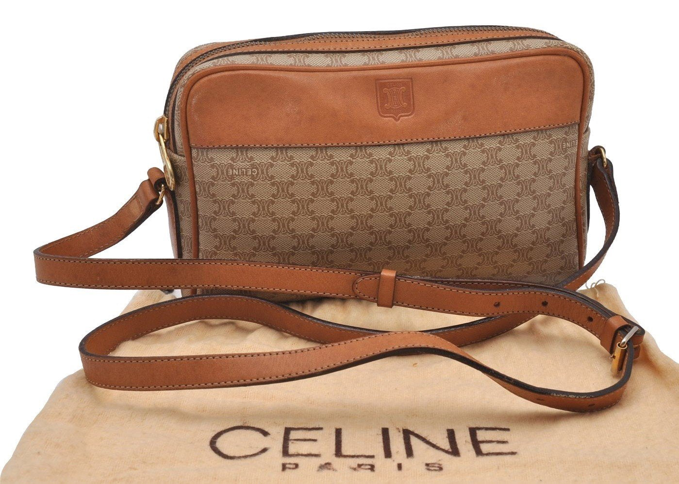 Authentic CELINE Macadam Blason Shoulder Cross Bag PVC Leather Beige Junk 5783I