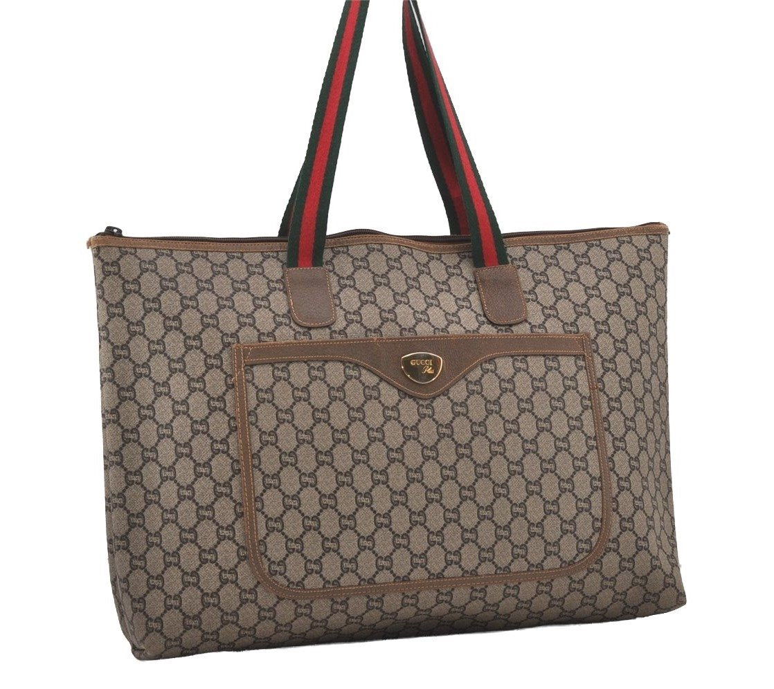 Authentic GUCCI Web Sherry Line GG Plus Tote Bag PVC Leather Brown Junk 5785I