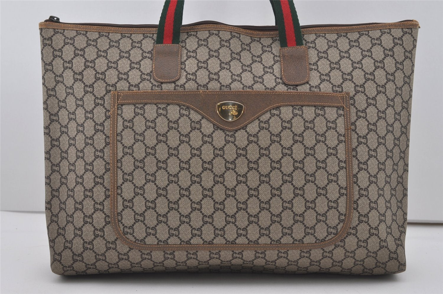 Authentic GUCCI Web Sherry Line GG Plus Tote Bag PVC Leather Brown Junk 5785I