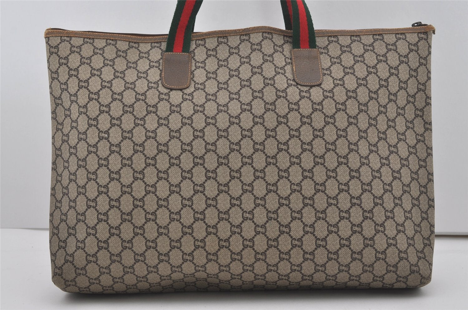 Authentic GUCCI Web Sherry Line GG Plus Tote Bag PVC Leather Brown Junk 5785I