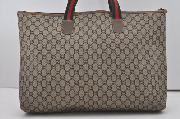 Authentic GUCCI Web Sherry Line GG Plus Tote Bag PVC Leather Brown Junk 5785I