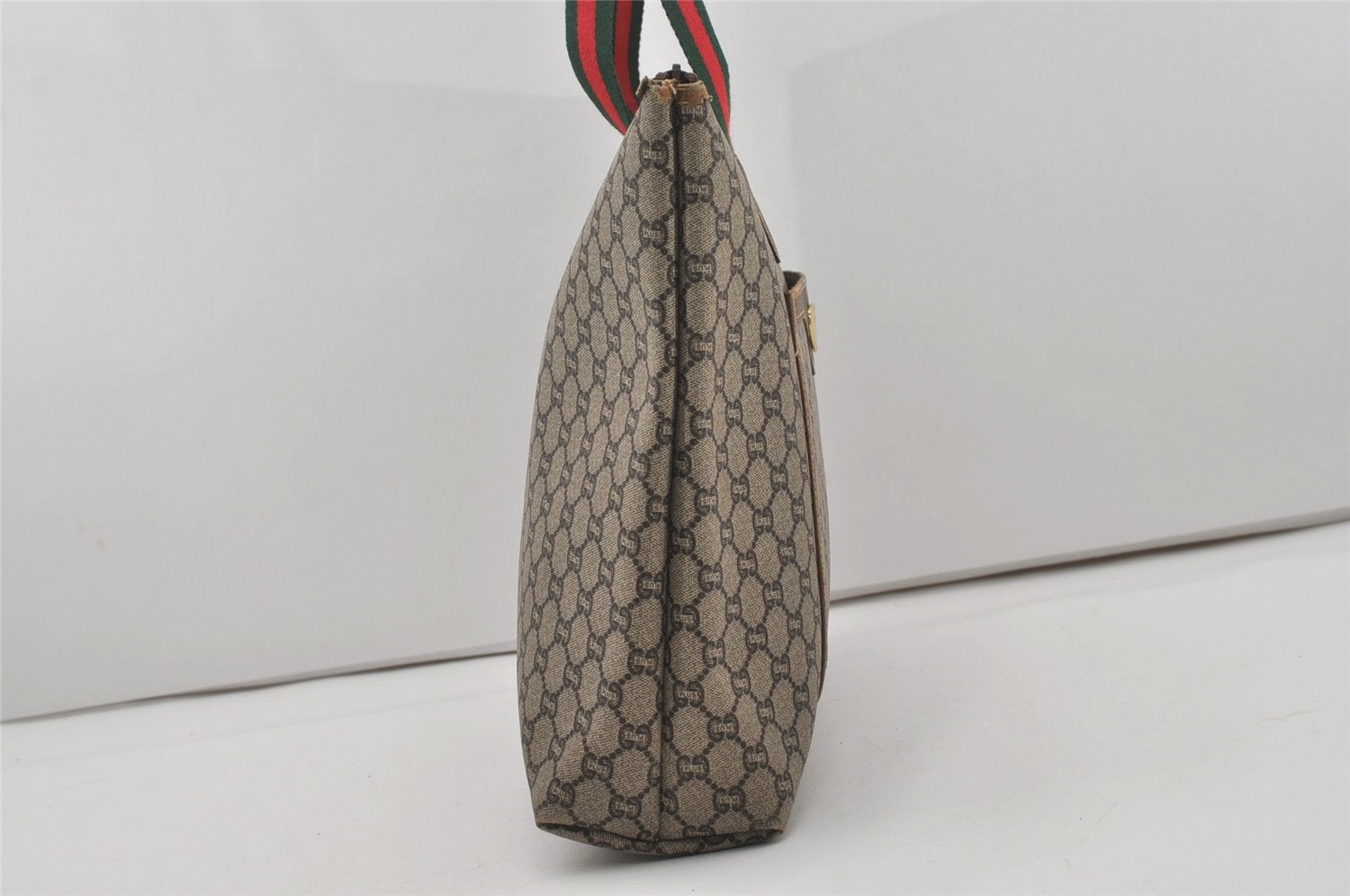 Authentic GUCCI Web Sherry Line GG Plus Tote Bag PVC Leather Brown Junk 5785I