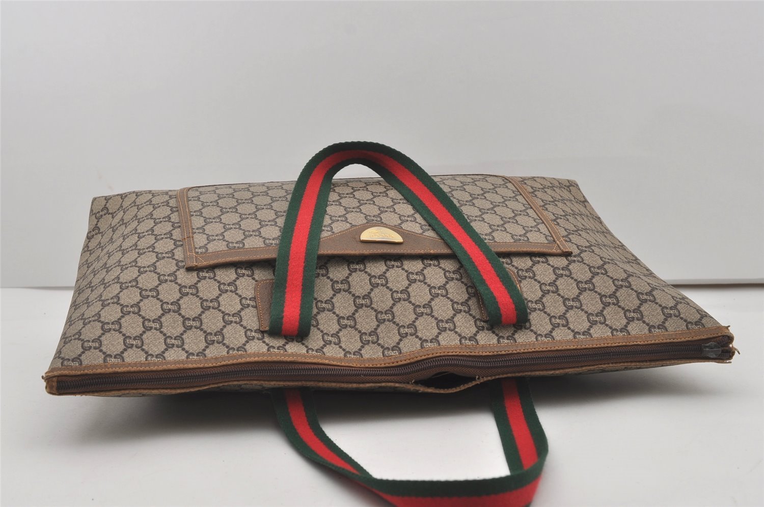 Authentic GUCCI Web Sherry Line GG Plus Tote Bag PVC Leather Brown Junk 5785I