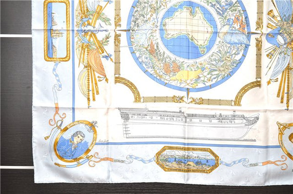 Authentic HERMES Carre 90 Scarf "LE GEOGRAPHE" Silk Light Blue 5789F