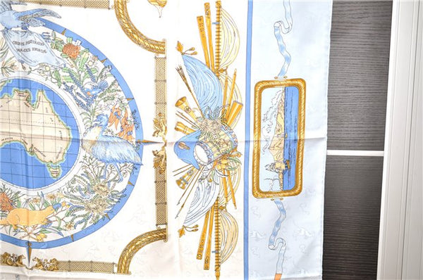 Authentic HERMES Carre 90 Scarf "LE GEOGRAPHE" Silk Light Blue 5789F