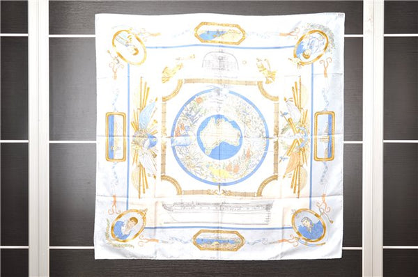 Authentic HERMES Carre 90 Scarf "LE GEOGRAPHE" Silk Light Blue 5789F