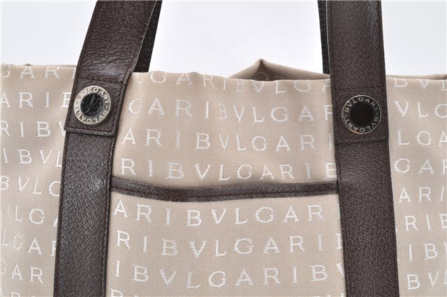 Authentic BVLGARI Logomania Hand Tote Bag Nylon Leather Brown 5794C