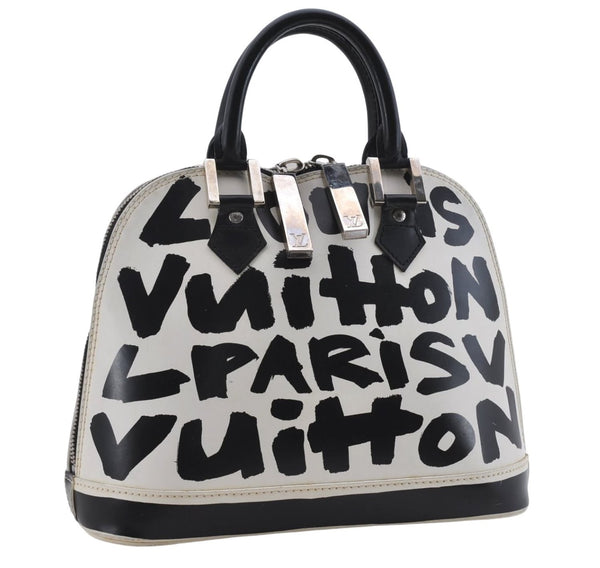 Authentic Louis Vuitton Graffiti Alma MM Hand Bag Black x White M92179 LV 5794D
