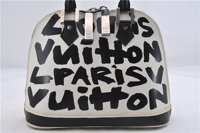 Authentic Louis Vuitton Graffiti Alma MM Hand Bag Black x White M92179 LV 5794D
