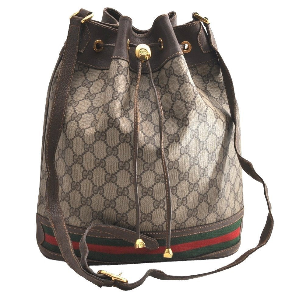 Authentic GUCCI Web Sherry Line Drawstring Bag GG PVC Leather Brown Junk 5801I