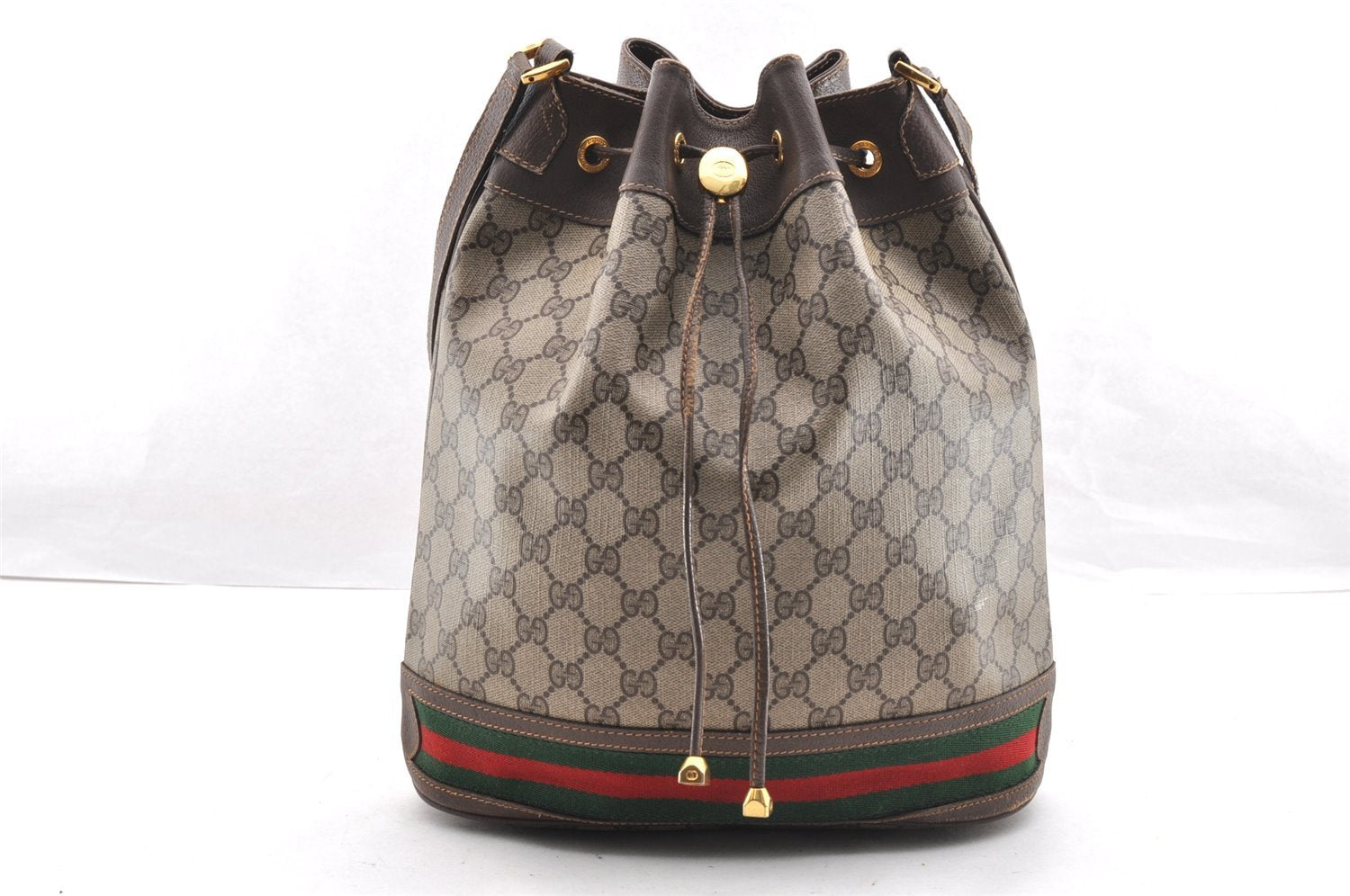 Authentic GUCCI Web Sherry Line Drawstring Bag GG PVC Leather Brown Junk 5801I