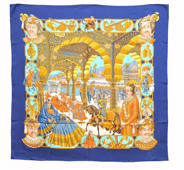 Authentic HERMES Carre 90 Scarf "MAHARAJAS" Silk Blue 5803F