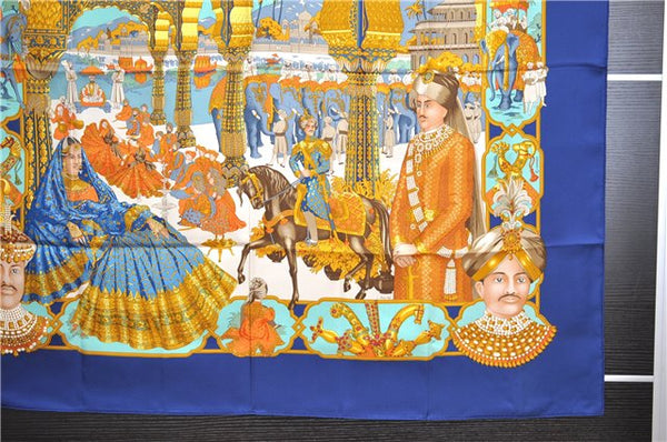 Authentic HERMES Carre 90 Scarf "MAHARAJAS" Silk Blue 5803F