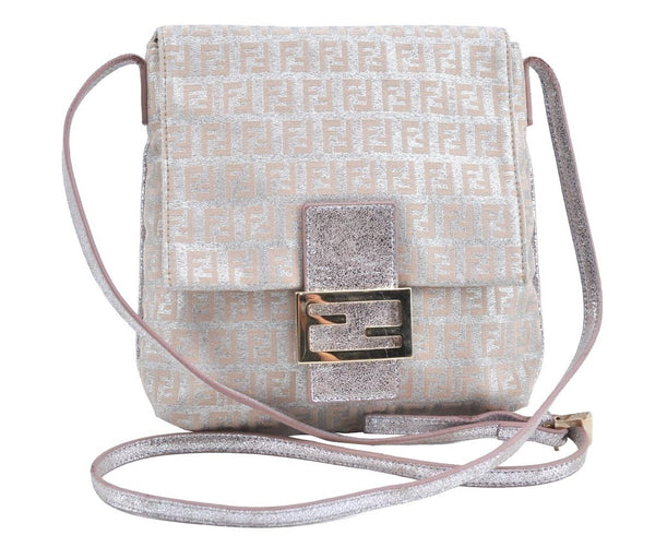 Auth FENDI Zucchino Mamma Baguette Shoulder Cross Bag Canvas Leather Pink 5806G