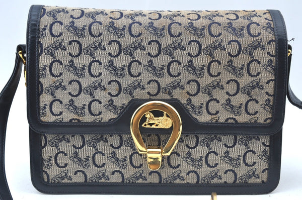 Authentic CELINE C Macadam Horse Carriage Shoulder Bag Canvas Leather Navy 5807H