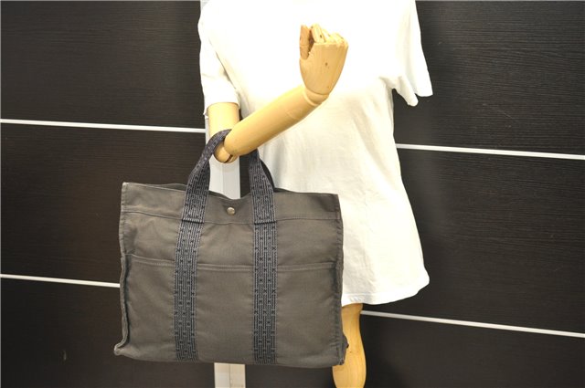 Authentic HERMES Her Line MM Hand Tote Bag Nylon Gray 5832D