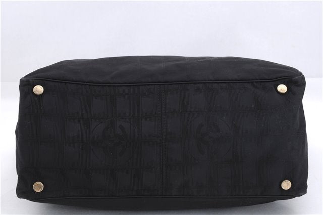 Authentic CHANEL New Travel Line Shoulder Tote Bag Nylon Leather Black 5832E