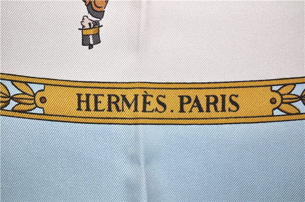 Auth HERMES Carre 90 Scarf "LA PROMENADE DE LONGCHAMPS" Silk Light Blue 5832F