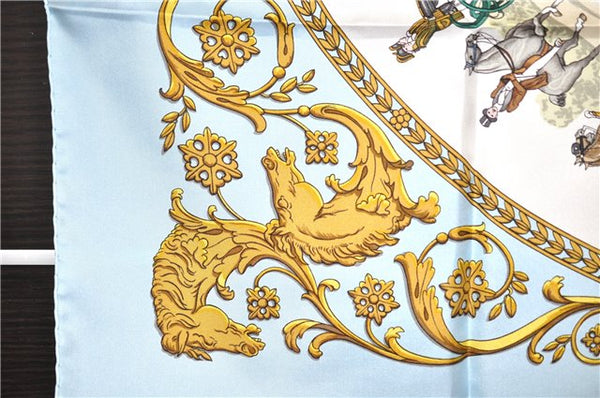 Auth HERMES Carre 90 Scarf "LA PROMENADE DE LONGCHAMPS" Silk Light Blue 5832F