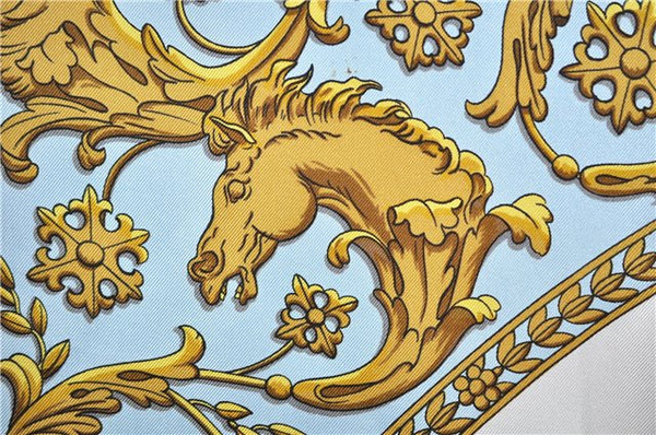 Auth HERMES Carre 90 Scarf "LA PROMENADE DE LONGCHAMPS" Silk Light Blue 5832F