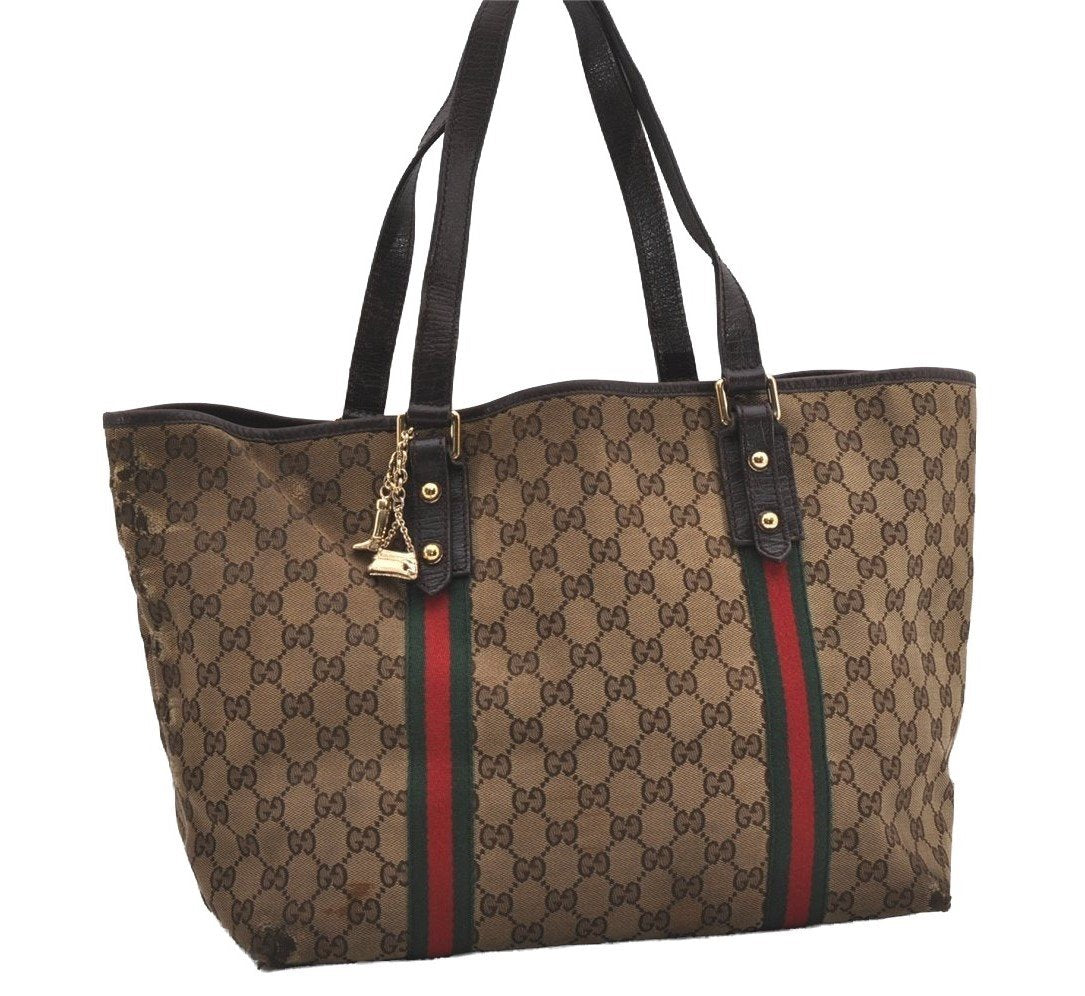 Authentic GUCCI Web Sherry Line Tote Bag GG Canvas Leather 139260 Brown 5835I