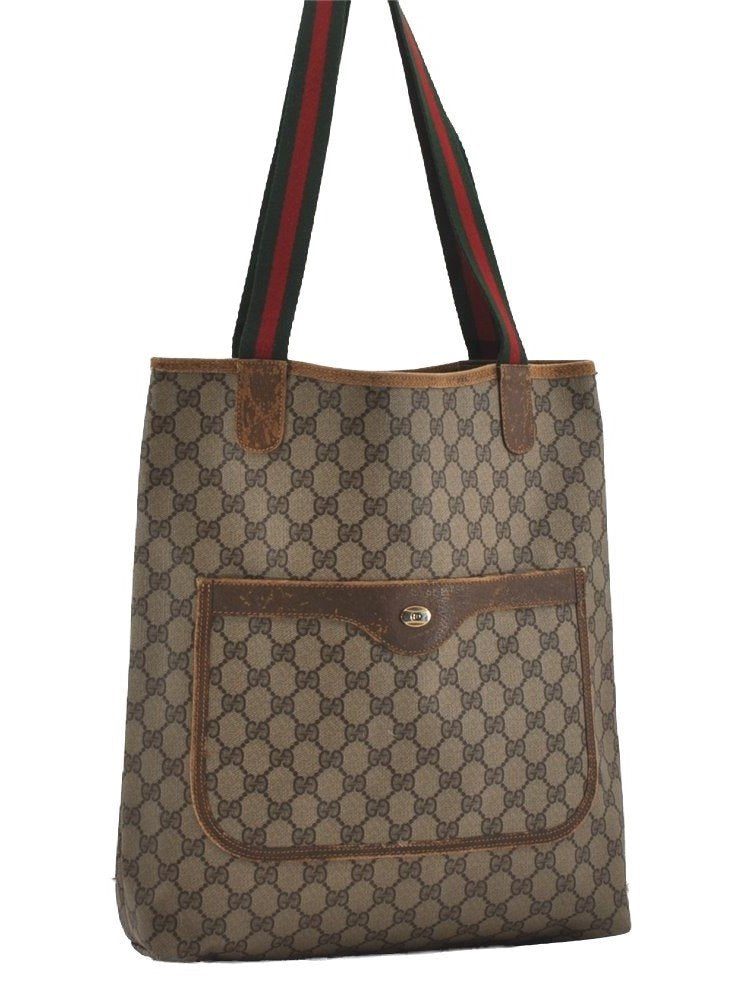 Authentic GUCCI Web Sherry Line Shoulder Tote Bag GG PVC Leather Brown 5843I