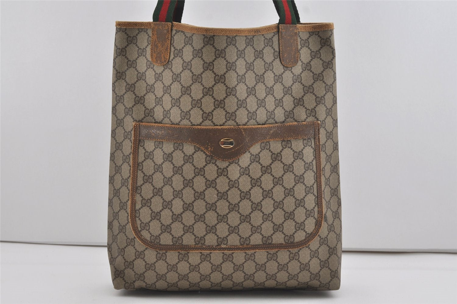 Authentic GUCCI Web Sherry Line Shoulder Tote Bag GG PVC Leather Brown 5843I