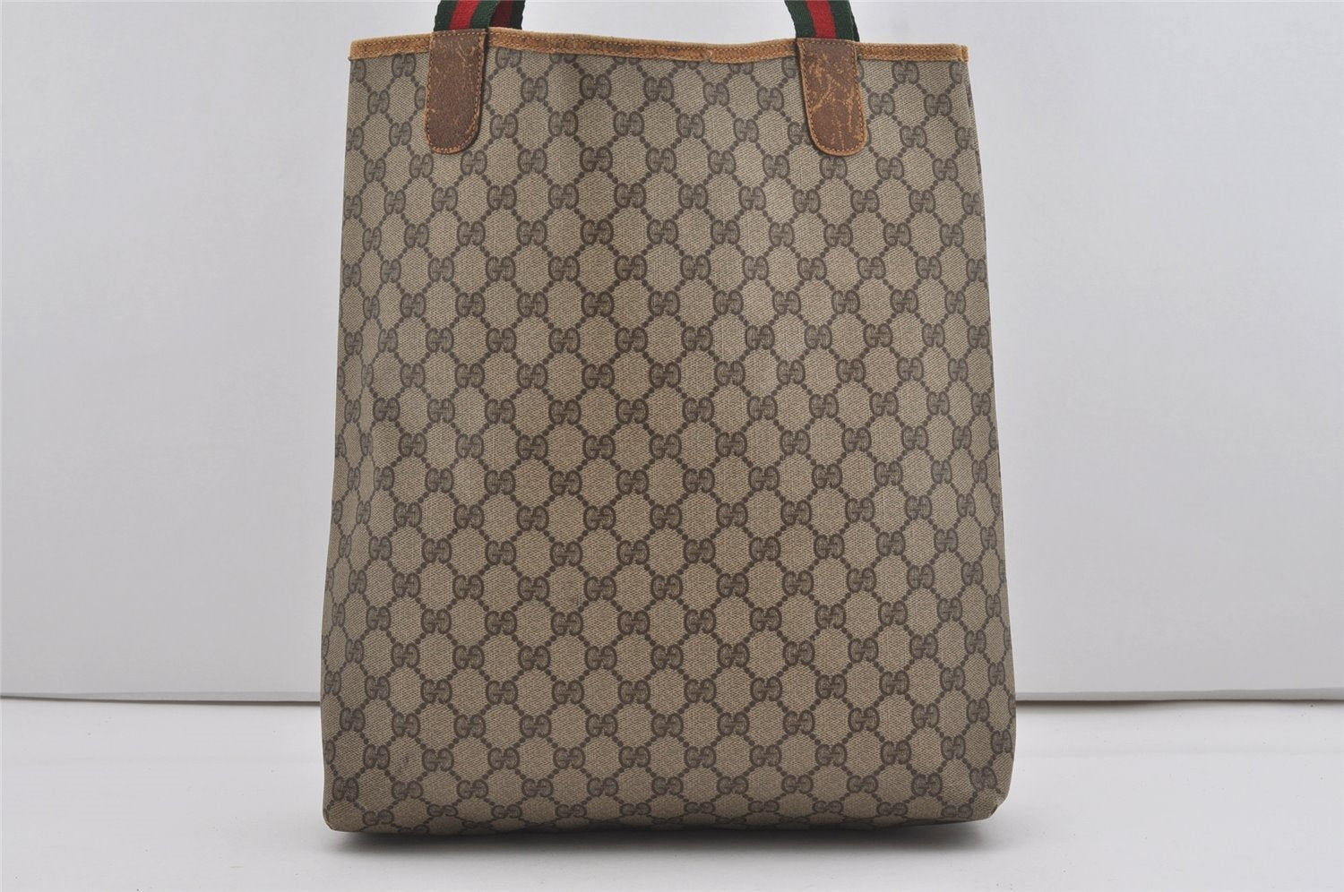 Authentic GUCCI Web Sherry Line Shoulder Tote Bag GG PVC Leather Brown 5843I