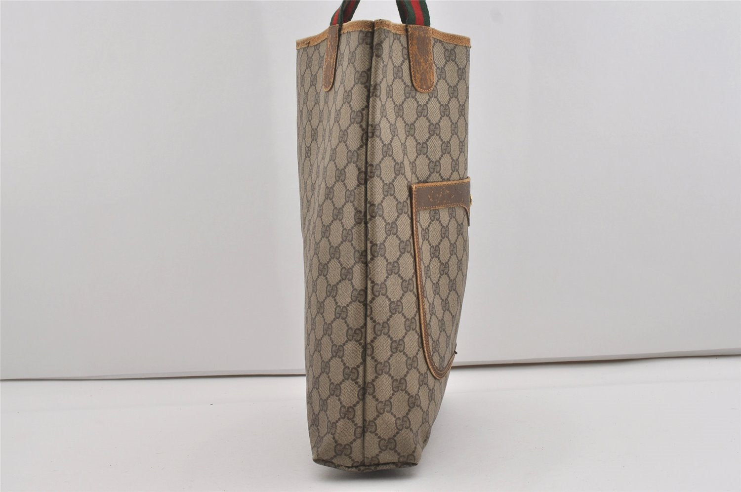 Authentic GUCCI Web Sherry Line Shoulder Tote Bag GG PVC Leather Brown 5843I