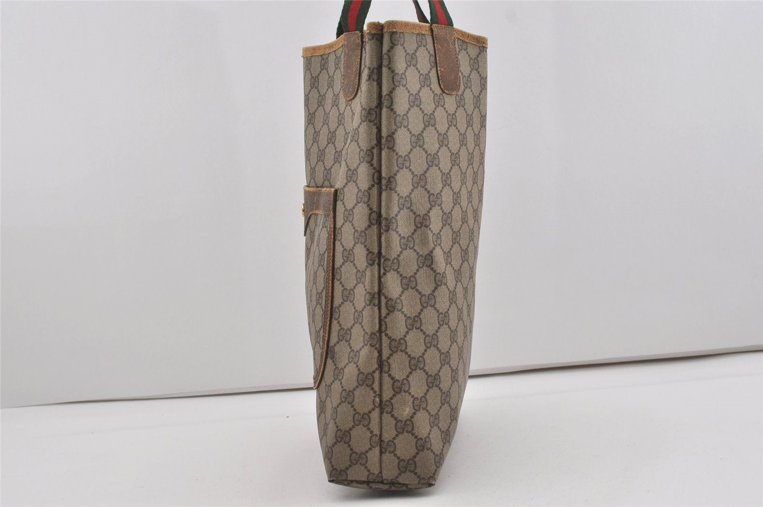 Authentic GUCCI Web Sherry Line Shoulder Tote Bag GG PVC Leather Brown 5843I