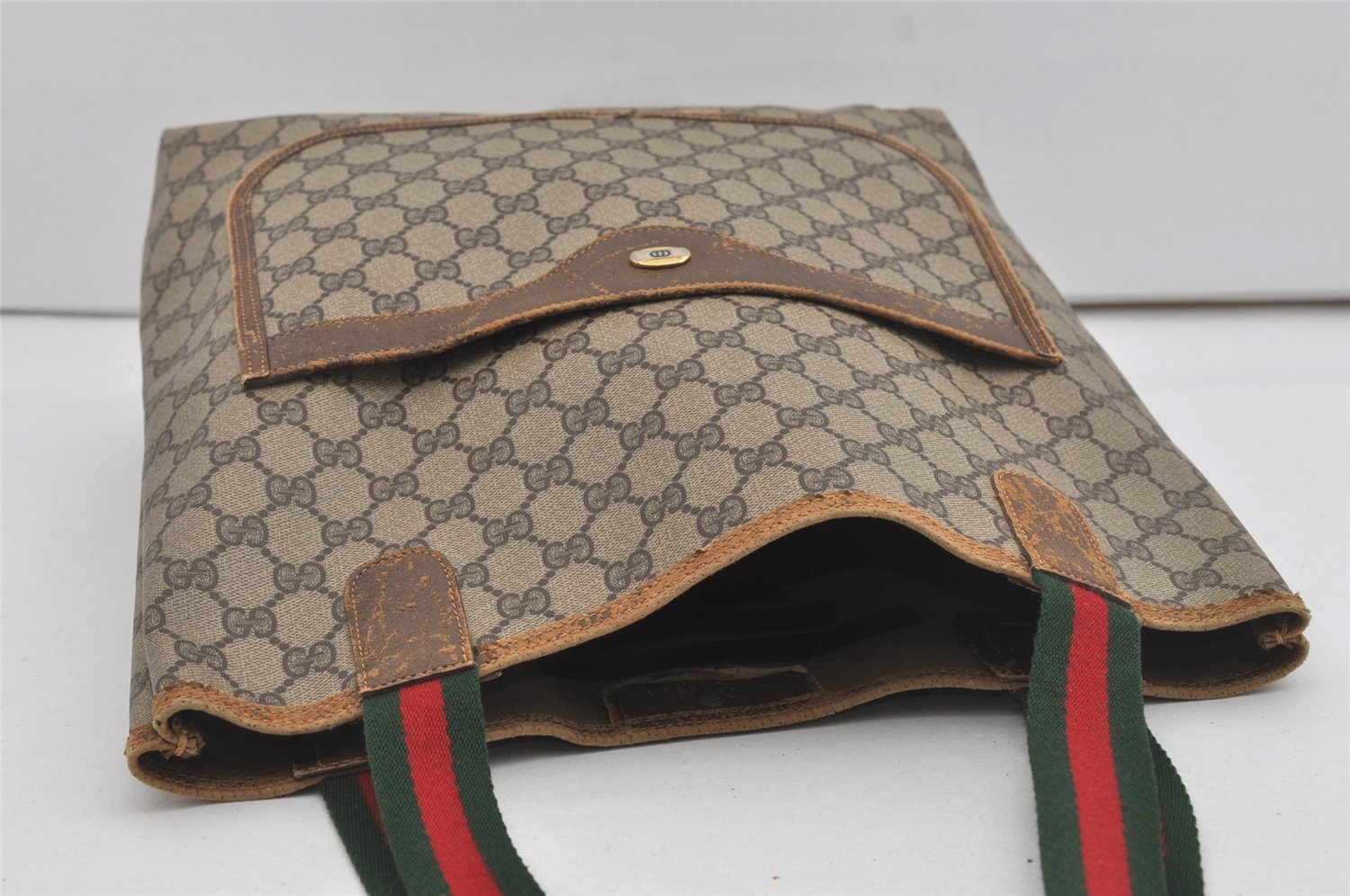 Authentic GUCCI Web Sherry Line Shoulder Tote Bag GG PVC Leather Brown 5843I