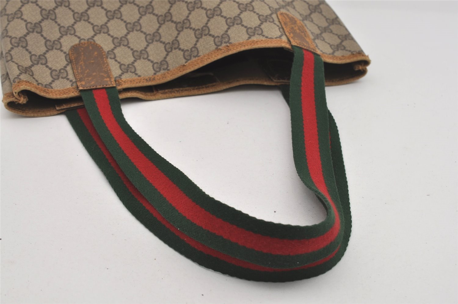 Authentic GUCCI Web Sherry Line Shoulder Tote Bag GG PVC Leather Brown 5843I