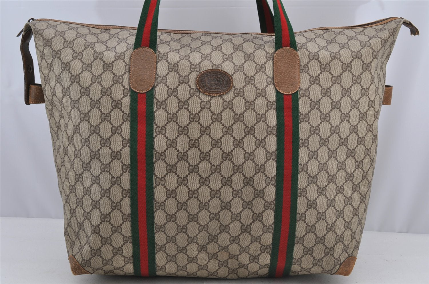 Authentic GUCCI Web Sherry Line Travel Boston Bag GG PVC Leather Brown 5856I